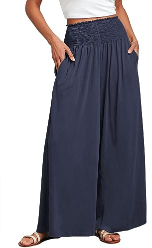ANRABESS Women Palazzo Pants Summer Boho Bagyy Wide Leg High Smocked Waist Casual Loose Lounge Pant with Pocket Deep Blue XX-Large