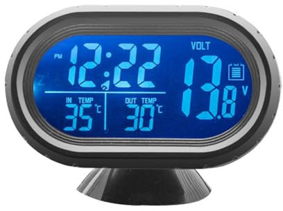 Shkalacar 3in1 Autothermometer Digitaluhr Voltmeter mit LCD Digitalmonitor, 12V Temperatur und Spannungsmesser, Erkennungsanzeige für Auto LKW SUV Wohnmobil, Blau und Orange
