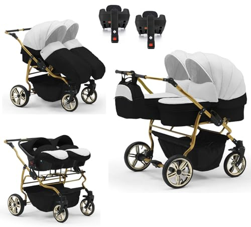 Zwillingskinderwagen 5 in 1 Duet Lux Goldedition inkl. Autositze und Iso Bases - 14 Teile - in 20 Farben