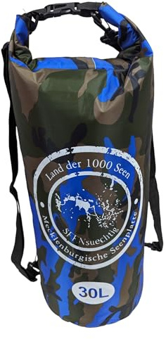 Dry Bag Trockensack Seesack 100% wasserdicht Packsack Tasche Beutel Wasssersport Kanu Kajak SUP Tauchen Schwimmen Baden Strand Angeln Campen wasserfest Schultergurt Drybag Blau Camouflage