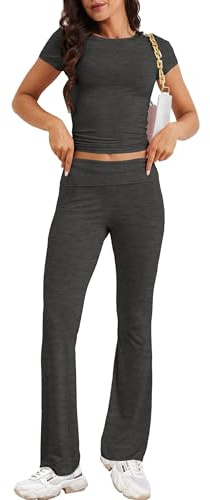 ROFUSSO Set Estivo Da Donna in Due Pezzi Per il Relax Top a Manica Corta Slim fit e Pantaloni Flare da Yoga Tuta da Ginnastica Per il Tempo libero Set di Abbigliamento Sportivo Per il Fitness