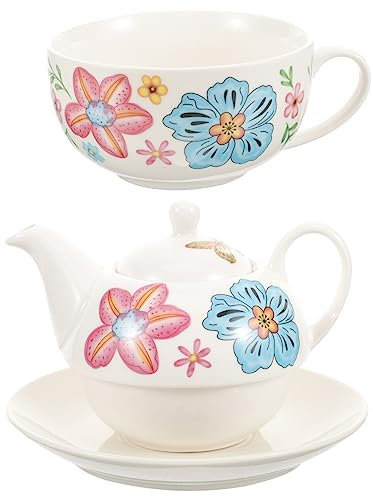 Zerodeko Service À Thé De Style Européen - Théière Tasse Et Soucoupe À Motif Floral 4 Pièces Idéal Pour Le Thé De Laprès-midi La Maison Au Bureau Ou Lhôtel