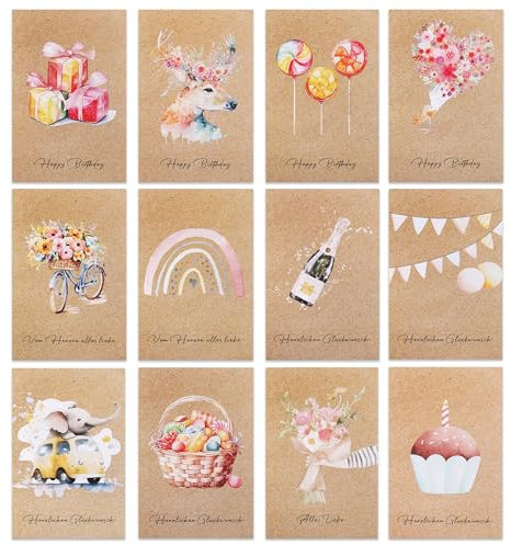 JIANTA Geburtstagskarten mit Umschlägen & Sticker, 12 Stück Set Grußkarten Glückwunschkarte, Klappkarten mit Umschlägen Mini Happy Birthday Karte für Frau und Mann