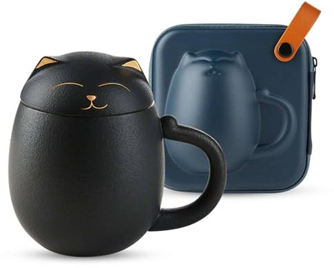 Ceramic Porcelain/Tea Cup with Loose Leaf Infuser, Creative Lucky Cat Tea Infuser Mug with Lid, 350ml, Portable Tea Mug with Lid-black-400ml/14oz