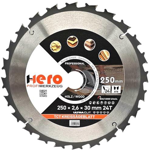 HERO Kreissägeblatt Hartmetall Sägeblatt TCT Ersatzsägeblatt Sägeblätter Kreissäge Holz/ALU Kreissägeblätter Tischkreissäge, Kappsäge (Für Holz/Holzwerkstoffe, Ø 250 x 30/20mm, 24T)