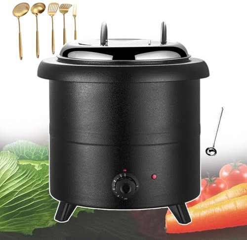 forplubossmmp Olla Sopera Eléctrica De 13L De Capacidad, Calentador De Alimentos Comercial con 5 Utensilios De Cocina Y 1 Cuchara Sopera/Calentador De Sopa De Encimera De Acero Inoxidable 400W,Black