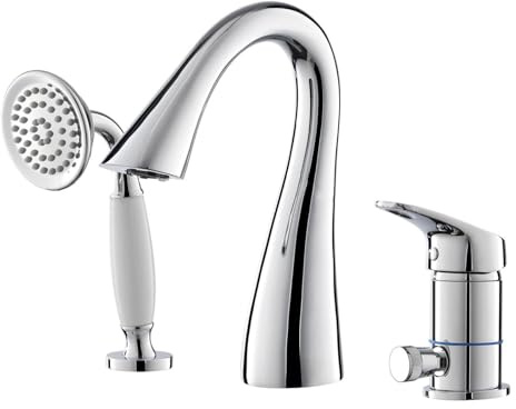 Bath Mixer Taps with Shower Chrome Deck Mounted 3 Tap Hole Bath Filler Mixer Tap Gooseneck Single Lever Shower Mixer