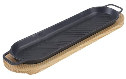 Dickly Assiette à Steak en Fer grésillant, Assiette de Service à Steak avec Plateau en Bois, poêle à Fajitas antiadhésive pour légumes, pour Barbecue, fête à, Allongé