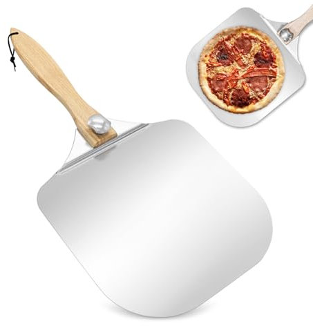 ICEBLUEOR Aluminum Pizza Peel - 12 Inch Pizza Spatula Foldable Wood Handle & Non-Stick Turning Shovel Pizza Oven Accessories for Baking Bread and Pie