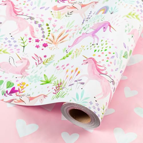 Wikadlik Geschenkpapier mit rosa Einhörnern, 43 cm x 10 m, romantisches Muster, beidseitig bedruckt, für Geburtstage, Babyparty, Muttertag, Hochzeit, Valentinstag