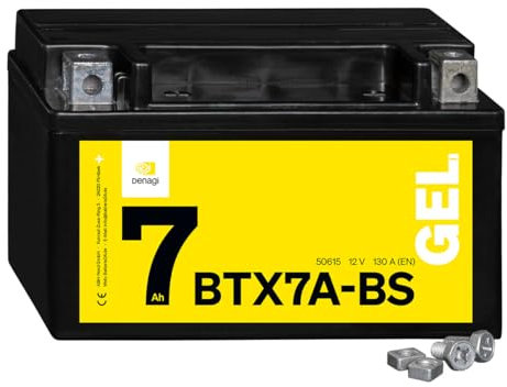 Denagi 50615 GEL BTX7A-BS Motorradbatterie 12V 7Ah, Ersetzt YTX7A-BS, wartungsfrei versiegelt vorgeladen