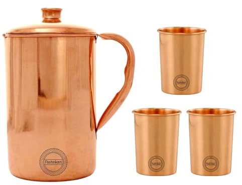 Pichet en cuivre fait main pour eau potable avec verre de 4 tasses pour les bienfaits de l'Ayurveda Pichet traditionnel en cuivre pour boire 1,5 L 50,7 oz