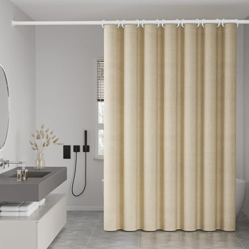 Leinen Struktur Wasserdicht Duschvorhang Antischimmel Stoff Badvorhang für Eckdusche und Kleine Badewanne Waschbar Beige Duschvorhänge 240x180cm