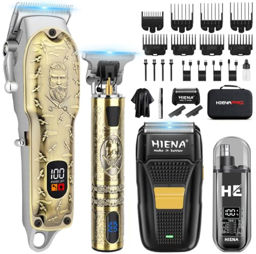 HIENA PRO Profi Haarschneidemaschine für Herren, Schnurloser Haarschneider Bartschneider Folienrasierer Nasentrimmer Set, USB Wiederaufladbares Komplettset Elektrisches Haarschneide-Kit