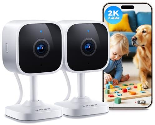 Outinput 2K/3MP Camera Surveillance WiFi Interieur, Vision Nocturne, Détection de Mouvement &Son, Sirène, Audio Bidirectionnel, Stockage Micro SD/Cloud, pour Babyphone & Caméra Chat et Chien, 2 Pack