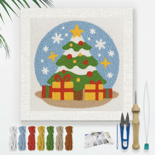 DOODLREAM Kit de bordado de aguja de perforación de árbol de Navidad para principiantes, 24 cm, juego de manualidades para principiantes con marco, patrón de tela, enhebrador, hilo, aguja de