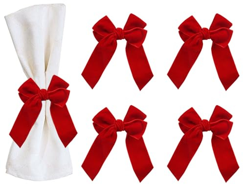 Velvet Bow Napkin Rings, Set of 4 Christmas Bowknot Napkin Holder Ring Dining Table Decor for Xmas Dinner Parties Wedding Holiday Home Table Setting(Red Bow)
