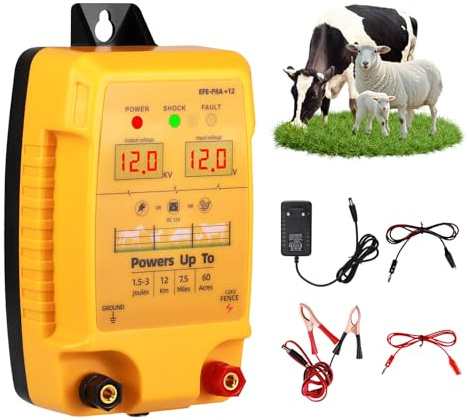 12V Weidezaungerät mit LED Anzeige, 2J 10kV Wasserdicht Elektrischer Weidezaun für 12 KM Reichweite, LED Display Eelektrozaun für Rinder, Schafe, Geflügel, Vieh, Steuergerät zum Schutz von Gärten
