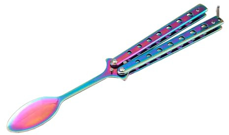 Butterfly Practice Stainless Steel Training Spoon 9.06 Inch Foldable Outdoor Dinnerware for Camping Hiking BBQ- Colorful Handle