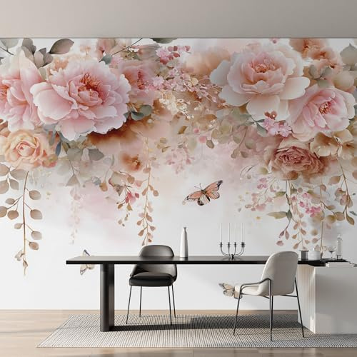 Générique Papier Peint Intissé Pivoine Rose, Papier Peint Panoramique Papillons Fleurs pour Salon Chambre Bureau Couloir, Décoration Murale, 250 x 175 cm (L x H) Y&W27