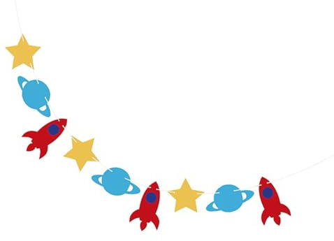 Ciieeo Banderín Colgante de Cumpleaños para Bebés, Decoración de Fiesta Banderines de Papel en Forma de Estrellas y Cohete, Diseño Espacial, Color Multicolor, 1 Unidad, Adecuado