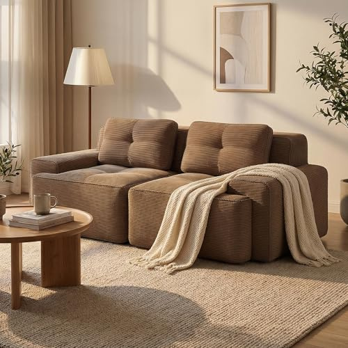 GRAVFORCE Ecksofa Schlafsofa, 204 cm breit modulares Sofa mit breiter & tiefer Sitzfläche, Cordstoff Velours, Ohne Montage für Schlafzimmer & Wohnzimmer (Graun, 2-Sitzer)