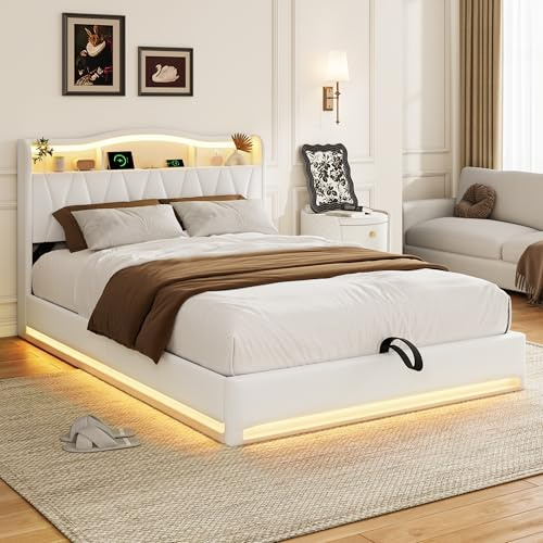 BLSYHDH Polsterbett 140x200 Doppelbett mit LED,Bett mit stauraum,Hydraulisch Stauraumbett mit USB,Funktionsbett Jugendbett mit Lattenrost,Boxspringbett (Beige+Samt-A, 140x200cm)