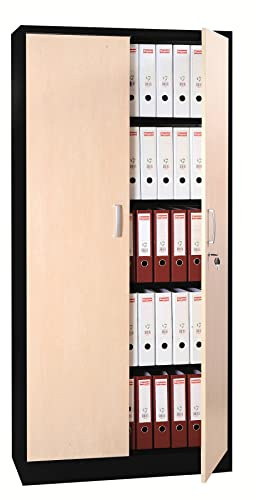 Aktenschrank Stahlschrank Büroschrank mit Dekor-Flügeltüren in Holzoptik, 195x92x42, Schwarz/Ahorn