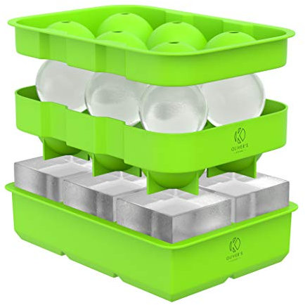 Oliver's Kitchen ® 2 x Ice Cube Tray Set - Keep Gin, Whisky & Drinks Ice Cool for Longer - Large Ice Cube Moulds, Less Dilution - Easy to Remove Ice Balls & Squares - Fresher Ice with Stackable Lid.