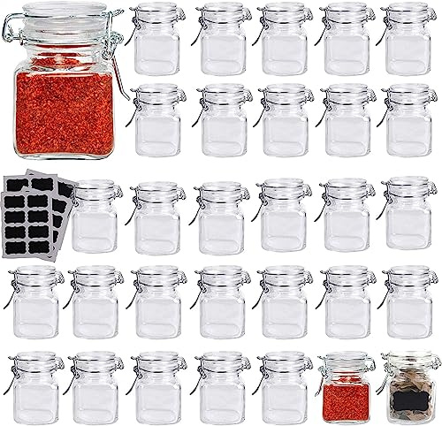 Lawei Lot de 30 pots à épices en verre Mini bouteilles à épices carrées avec joint en caoutchouc anti-fuite réutilisable parfait pour les épices