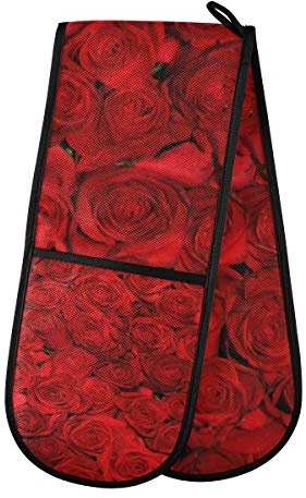 ZZXXB Red Rose Floral Double Oven Mitt Heat Resistant Non-Slip Kitchen Gloves Extra Long 7 x 35 for Cooking Baking Barbecue Grilling