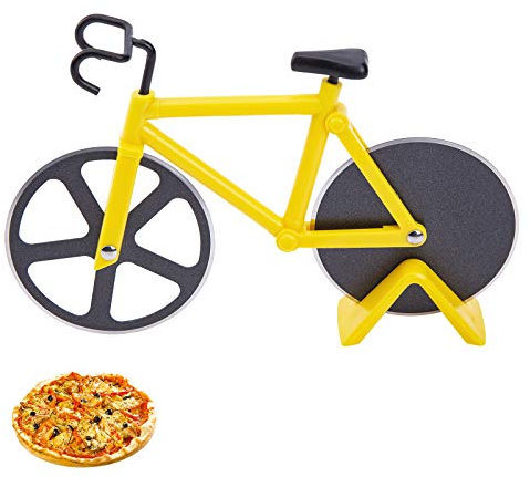 Lustiger Fahrrad-Pizzaschneider, Räder mit Ständer, antihaftbeschichtet, Pizzaschneider mit zwei Edelstahlklingen, ideal für Pizzaliebhaber