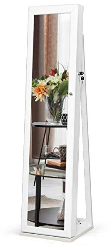 GOPLUS Armoire à Bijoux avec Miroir sur Pied, 2 en 1 Armoire à Bijoux Verrouillable pour Bagues/Bracelets/Boucle d'Oreilles/Colliers, Organisateur de Bijoux pour Chambre/Salon (Blanc)