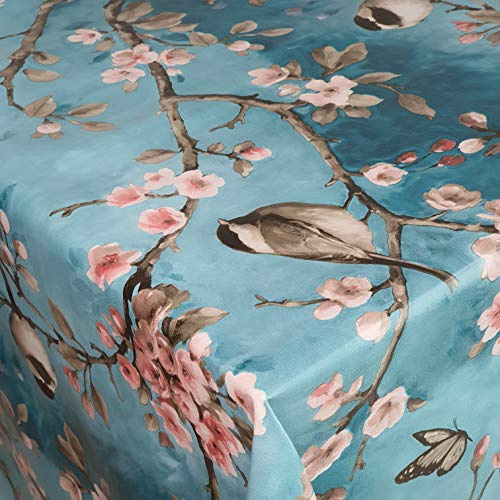 Wachstuchtischdecke Vogel Spatz Türkis Rechteckig 130 x 160 cm | abwaschbare Tischdecke, Gartentischdecke, wasserabweisend, gefaltet