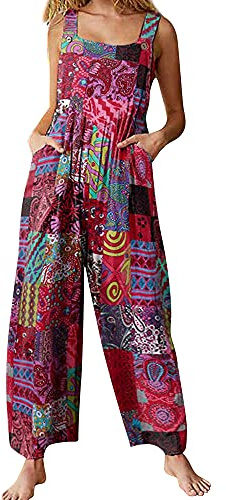 Springcmy Women's Loose Overall Dungarees Floral Jumpsuit Sleeveless Casual Baggy Playsuit Summer Wide Leg Long Pants Romper (A-Red, L)