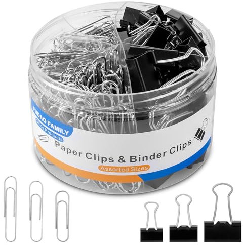 FUDAO FAMILY Büroklammern und Binderklammern Set - 340 Stück in Verschiedenen Größen - Silberfarbene und Schwarze Ausführung