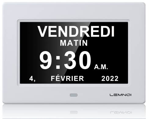 Lemnoi 7 Zoll LCD-Digitaluhr, Kalender mit Datum und Uhrzeit, Nicht abgekürzte, automatische Dimmung, 8 Sprachen, HD-Display, Erinnerung für Alzheimer, ältere Menschen und Kinder (weiß)