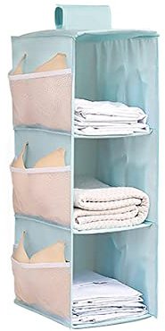 XiXiRan Hängeregal Kleiderschrank, 3 Fächer Hängender Organizer Schrank, mit 9 Netzseitentaschen für Familienschrank Schlafzimmer, Faltbar und Universal Fit- 30 * 22.5 * 60cm (Blau DREI Schichten)