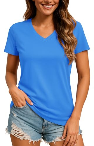 TACVASEN Women's UV Protection Rash Guard Swim Tops V-Neck Quick Dry Lightweight Athletic Shirt for Beach Water Sports Azure XL