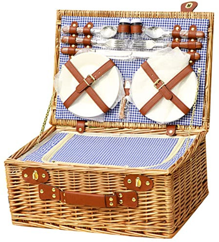 AADECOR Picknickkorb-Set aus Weidengeflecht für 4 Personen mit großem isoliertem Kühlfach, Willow Picknickkorb mit Besteck-Service-Kits für Camping, Hochzeit, Jubiläum,Blue