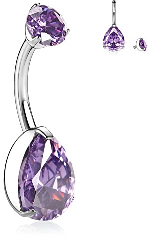 hengkaixuan Waterdrop G23 Titanium Navel Ring Internally Threaded Belly Button Ring 14G 3/8 inch (10mm) Belly Button Bar Curved Shape with Purple CZ Navel Jewellery