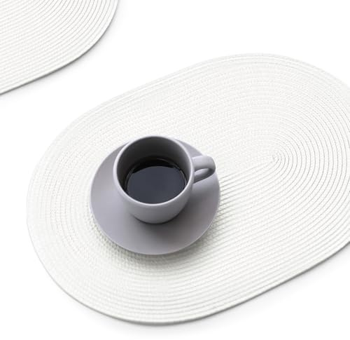 FunWheat Ovale, geflochtene Platzsets, Set mit 6 Tischsets für Esstische, gewebt, waschbar, rutschfest, glänzend, 30,5 x 45,7 cm, Tischmatten für den Innen- und Außenbereich (oval, Weiß, 6 Stück)