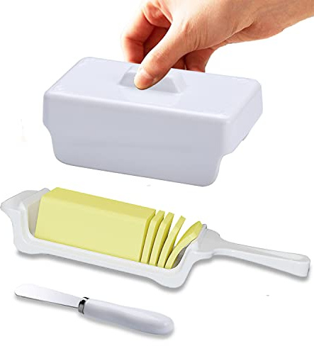 AVSMGP Butter Dish with Lid and Knife Butter Holder for Counter Humanized Clamp-able Knife Handle Design, Perfect for East West Coast Butter,White