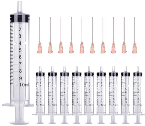 Förpackning med 10 st x 10 ml spruta och 10 x kanylspruta set med trubbiga nålar, olika storlekar: 1 ml, 3 ml, 5 ml, 10 ml, 20 ml, 30 ml, 60 ml, för hobby och gör-det-själv, individuellt sterilt