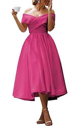 Vestidos de graduación para mujer, vestido de gala de satén, vestido formal con hombros descubiertos, vestidos de noche, vestido de invitada de boda con bolsillos, fucsia, 52 Grande