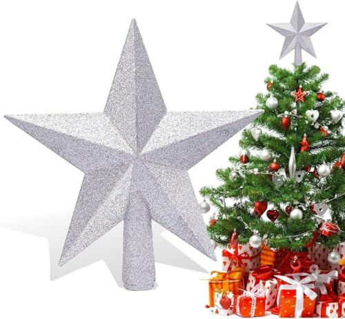 Christbaumspitze Stern Silber Glitzer – 20,5cm Tannenbaumspitze Silber 3D-Optik, Bruchsicherer Kunststoff, Leichter Topper Stern für Weihnachtsbaum, Robust & Wiederverwendbar (Klassisches Design)