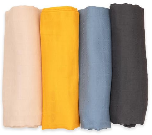 FENSILO -Mulltücher - Gasa - Pack de 4 paños de Muselina, 60 x 75 cm, paño para niños y niñas, pañales de Gasa para bebé, Color Negro, Azul, Amarillo, Beige