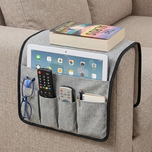 volumoon Bolsa de Almacenamiento para Reposabrazos de Sofá Organizador para Reposabrazos de Sillas, Antideslizante, 5 Bolsillos, para Teléfono Ipad Revistas Control Remoto de Tv Anteojos (Gris)