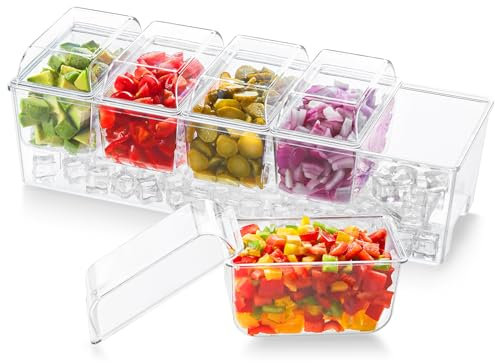 Lifewit Bandeja Condimentos Refrigerada con 5 Recipientes, Servidor con Tapas Separadas y Platos Removibles. Ideal para Accesorios de Bar, Frutas, Ensaladas, Tacos y Aderezos en Fiestas.