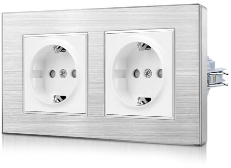CNBINGO Aluminium Double Socket with Clamping Claws - Double Schuko Socket Flush-Mounted - Protective Contact Installation Wall Socket with Aluminium Frame - 2 Compartments - Silver